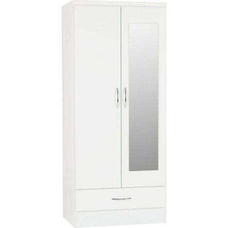 SECONIQUE Nevada Mirrored 2 Door 1 Drawer Wardrobe White Gloss