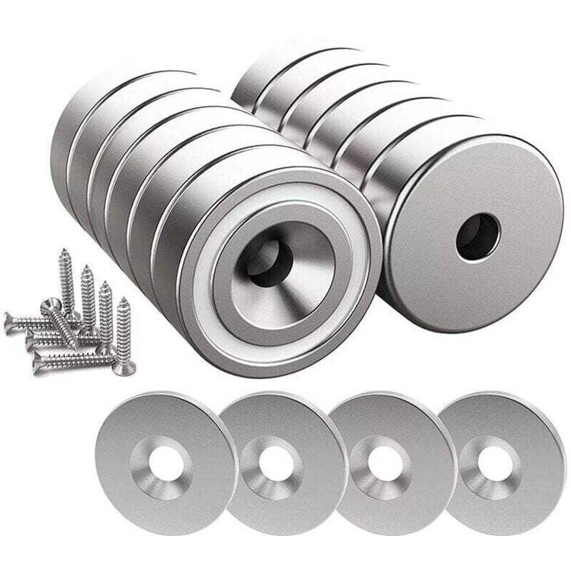 Never used] 12 neodymium magnets 10 kg strength 20 x 7 mm with hole and capsule, countersunk pot magnet with screws and 12 steel pads (shiny silver)