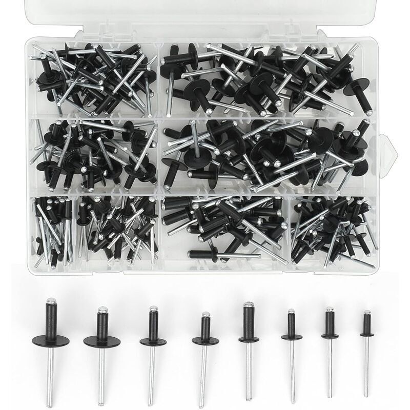 Odipie - never used] 200 pieces aluminum blind rivets, 3.2 x 8 mm, 3.2 x 10 mm, 4 x 10 mm, 4 x 14 mm, 4.8 x 14 mm, 4.8 x 18 mm, 8 sizes, black blind