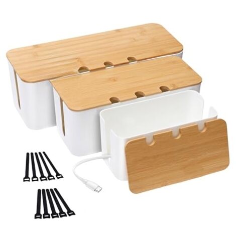 [NEVER USED] 3 Pack Cable Management Boxes, Cable Tidy Boxes with Bamboo Lids, Cable Tidy Boxes for Hiding Cables. Organize Computer Cables.