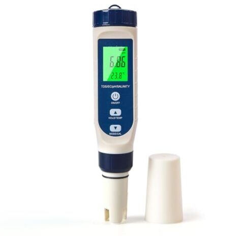 [NEVER USED] pH meter for water, pH/salinity/ec/tds/temperature multifunctional pH meter, automatic temperature compensation pH meter, suitable for drinking water, swimming pools, hydroponics, spas