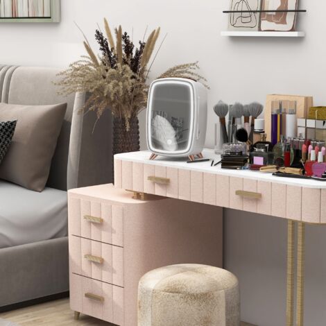 Nevera para Cosméticos Pequeña con 6L Capacidad con Puerta con Espejo y Luces LED Ajustables 24,3x19,4x35,6 cm Blanco