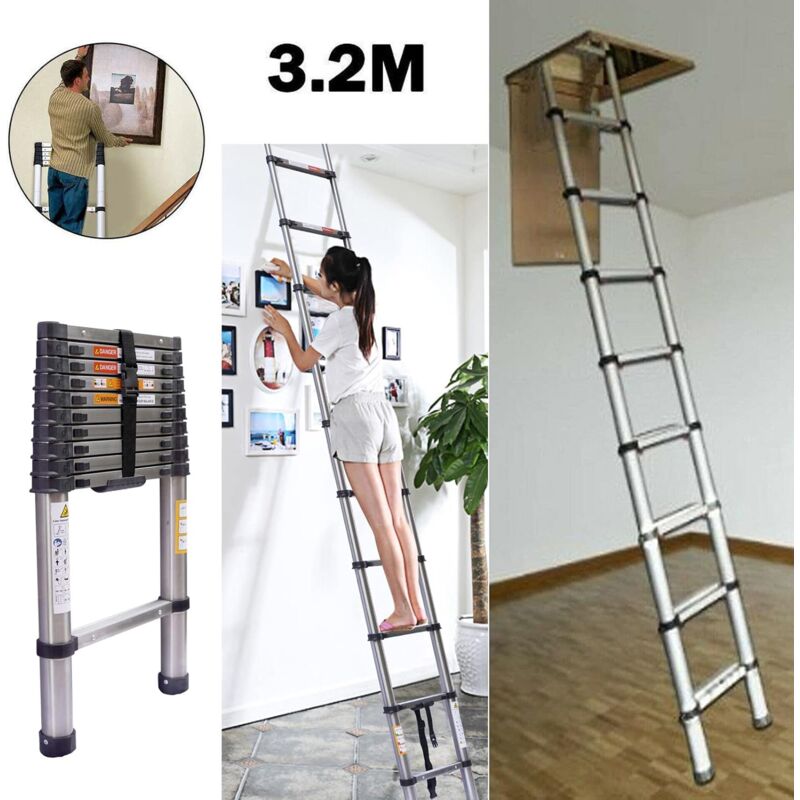 New 10.5ft Telescoping Ladder Stainless Steel Heavy Duty 330lbs Max Load, EN131 Certificated, Folding Extension Ladder Adjustable Height Portable