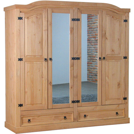 New Mexico Armoire 4 portes avec 2 portes miroir, 2 portes pleines et 2 tiroirs, largeur 194 cm, hauteur 193 cm, naturel/ciré.