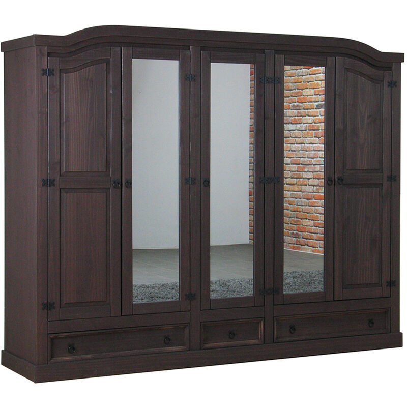Ebuy24 - New Mexico Armoire 5 portes avec 3 portes miroirs, 2 portes lambrissées et 3 tiroirs, finition ciré en style colonial.