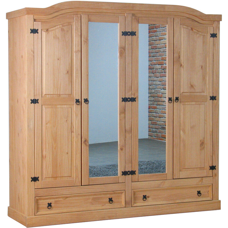 New Mexico Kleiderschrank 4-türig mit 2 Spiegeltüren, 2 Füllungstüren und 2 Schubladen, Breite 194 cm, Höhe 193 cm, natur/gewachst. - Natur