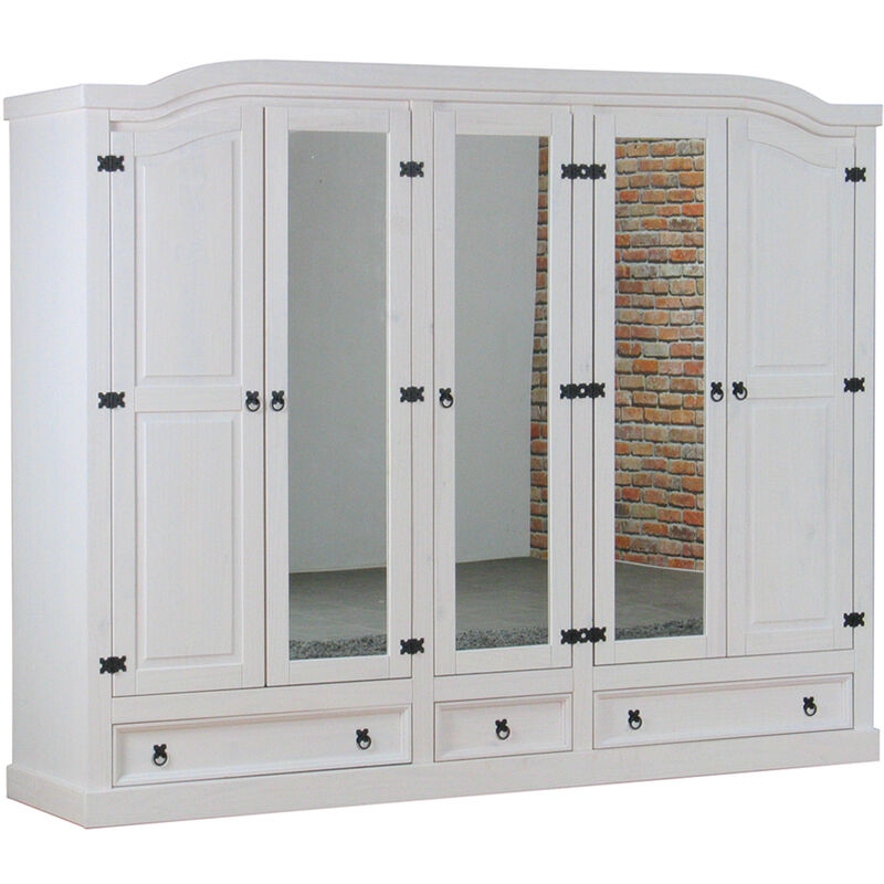 New Mexico Kleiderschrank 5 türig mit 3 Spiegeltüren, 2 getäfelten Türen und 3 Schubladen in weiß, gewachst. - Weiß