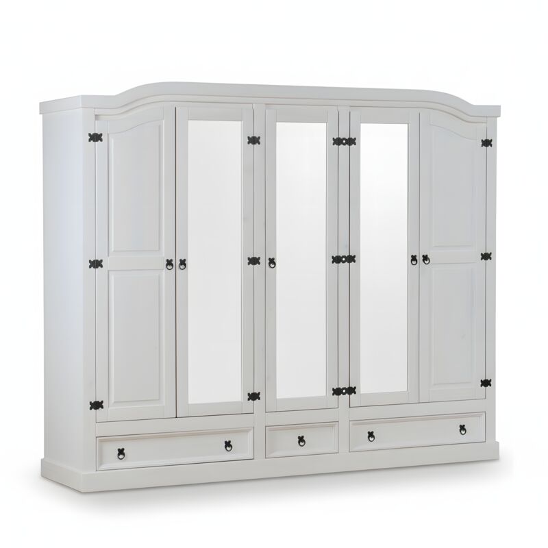 Ebuy24 New Mexico Kleiderschrank 5 Türig Mit 3 Spiegeltüren, 2 Getäfelten Türen Und 3 Schubladen In Weiß, Gewachst.