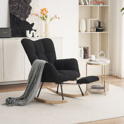 New Modern Teddy Fabric Tufted Upholstered Rocking Chair with pull-out footrest, Black