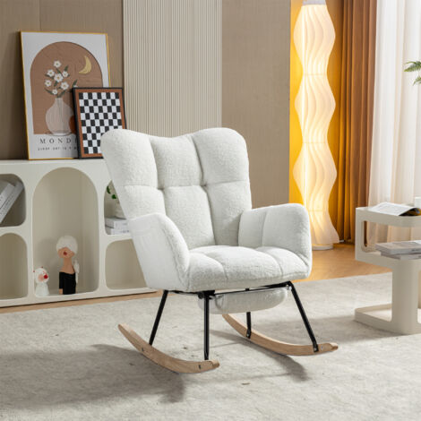 New Modern Teddy Fabric Tufted Upholstered Rocking Chair with pull-out footrest, White