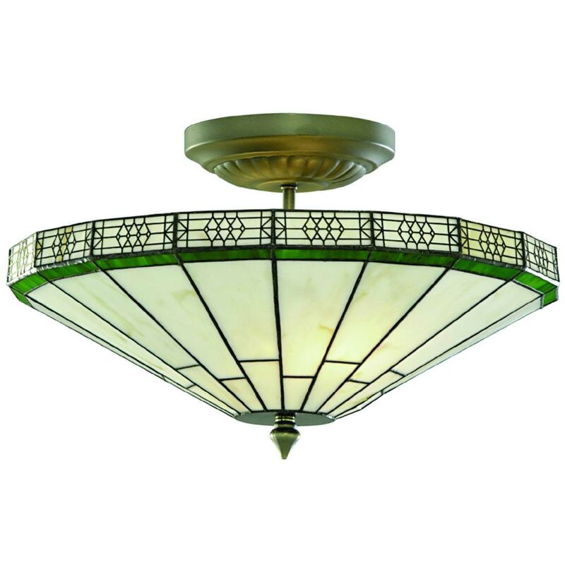 Searchlight Lighting - Searchlight New York - 2 Light Semi Flush Ceiling Light Antique Brass, Tiffany Glass, E14
