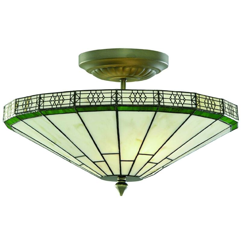 New York - 2 Light Semi Flush Ceiling Light Antique Brass, Tiffany Glass, E14 - Searchlight