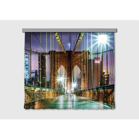 New York, rideau imprimés Pont de Brooklyn illuminé et multicolore 180x160 cm, 2 pièces