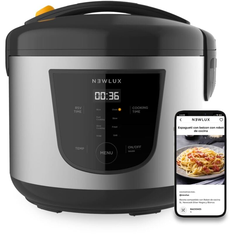 

Robot de Cocina Multifunción, Capacidad 5 Litros,8 Menús Preconfigurados. Incluye Cubeta Antiadherente - Negro - Newcook