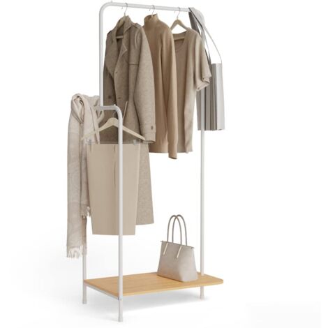 Newlux-Appendiabiti da Terra Resistente Fino a 18kg Hangy Wood 100 con Scarpiera. Attaccapanni da Terra Metallico con Binario Laterale  Grande Stabilità  Facile Montaggio  62x42x150cm  Bianco