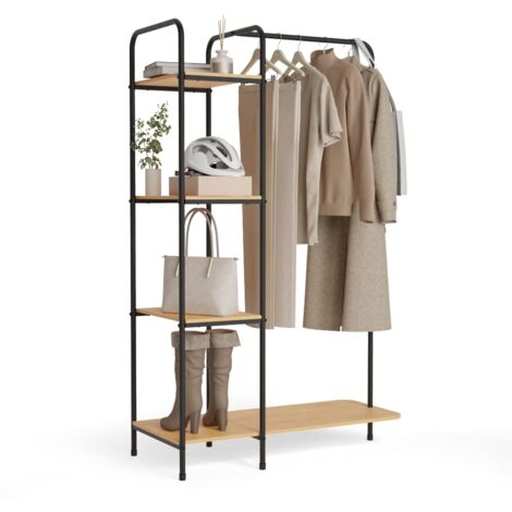 Newlux -Appendiabiti da Terra Resistente Fino a 35kg Hangy Wood 400 con Scarpiera. Attaccapanni da Terra Metallico con Grande Stabilità  Facile Montaggio  Include 4 ripiani (492x42x150cm)  Nero