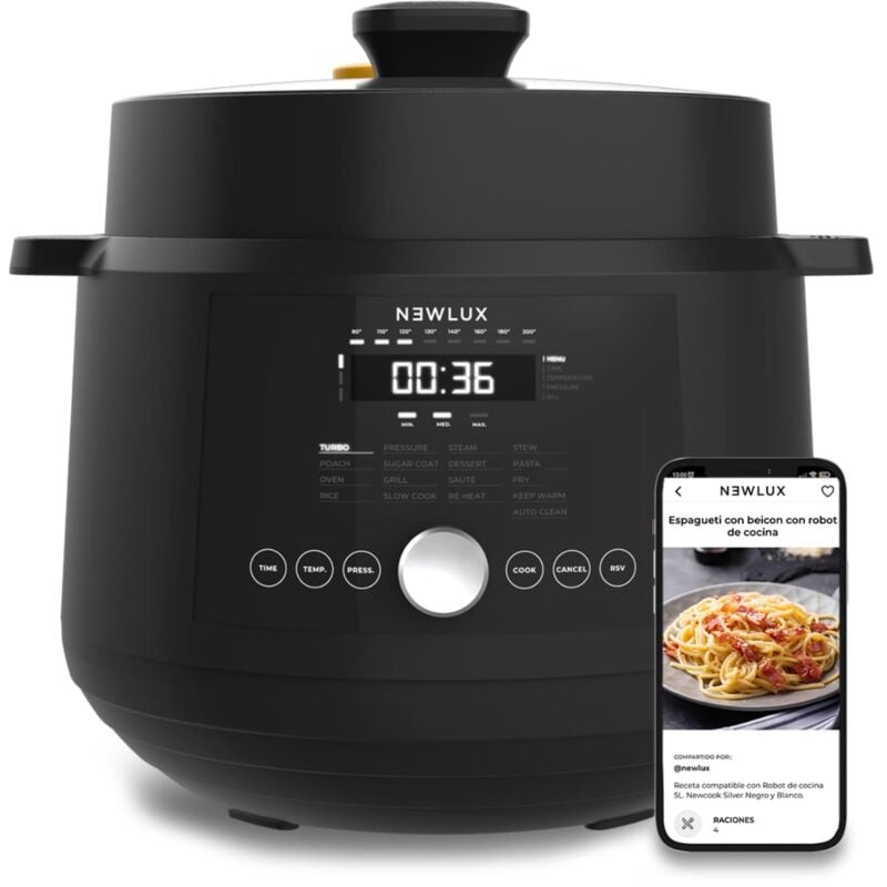 Mijoteuse Électrique SmartChef V600 6L, Robot de Cuisine avec Pression, 17 Programmes et Cuiseur Vapeur 2 Niveaux Noir - Newlux