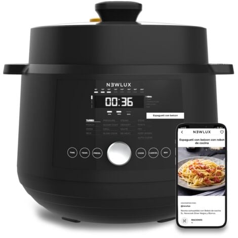 Newlux - Olla Eléctrica 6L SmartChef V600 (1200W), Robot de Cocina con 4 Niveles de presión, 17 Programas y Vaporera 2 Niveles Negro