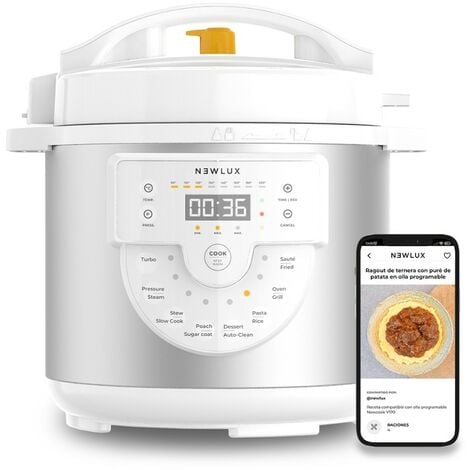 AUTRES NEWLUX-Olla Programable Eléctrica, 6L Chef Pot V170, con Voz, 15 Funciones, 1000W, Programable 24h, 4 Niveles Presión Blanca Blanco