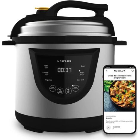 NEWLUX - Pentola a Pressione Elettrica 6 Litri Acciaio inossidabile V110 1000W con 10 Menù. Programmabile 24h, Conserva il Calore, Sistema Duopressione e 100% Antiaderente