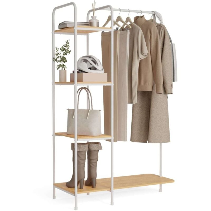 NEWLUX - Porte Manteau sur Pieds métalliques, Résistants jusqu'à 35kg Hangy Wood 400 avec étagère à chaussures Blanc