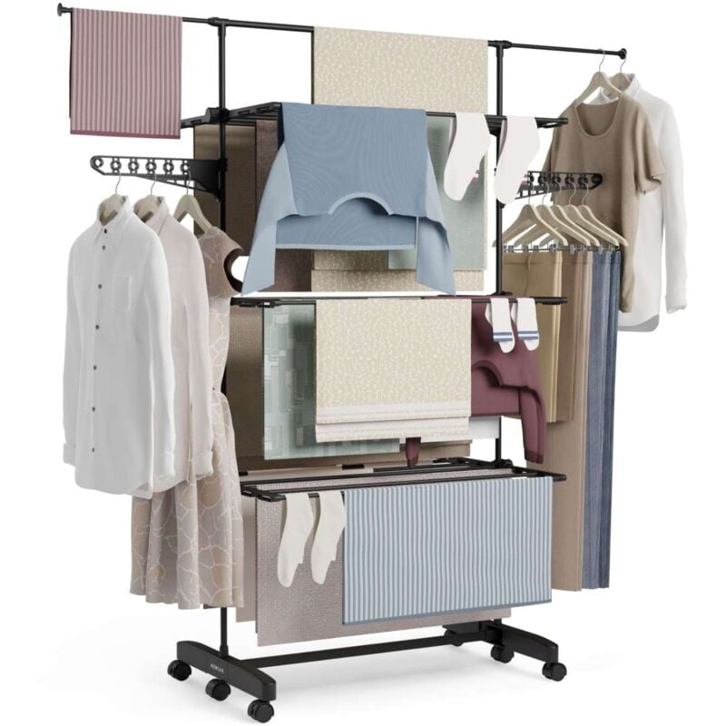 Séchoir à linge vertical Noir 4 Doubles Niveaux. 15M d' Étendoir pliable et extensible pour l'Intérieur et l'Extérieur Noir - Newlux