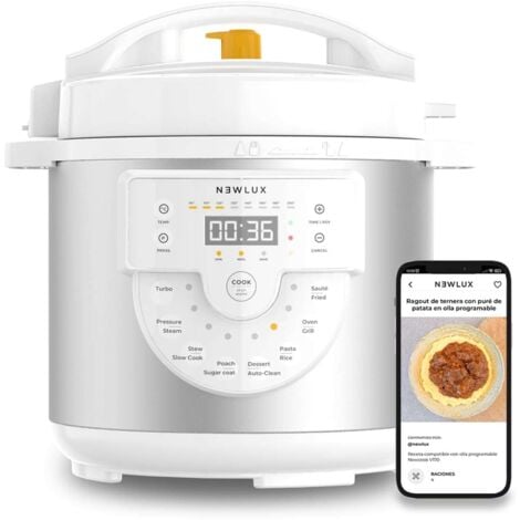 NewluxOlla ProgramableBlancoChef Pot V1706L con Voz, 15 Funciones, 1000W, Programable 24h, 4 Niveles de Presión