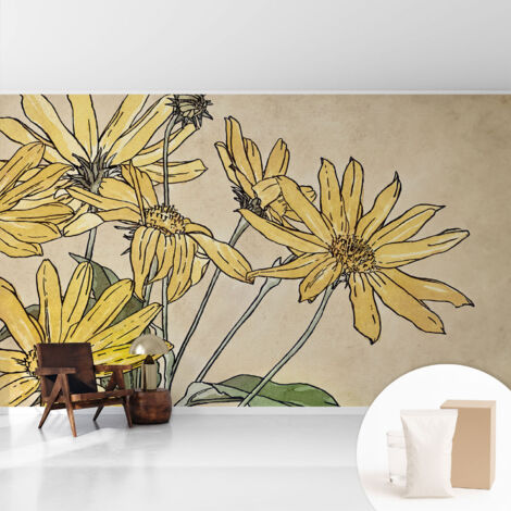 Newroom Tapete Dekorative Vliestapete mit Kleber Modern für Wohnzimmer Schlafzimmer  Aquarellblumen 416x254 cm