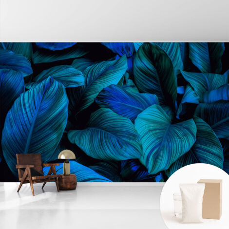 Newroom Tapete Dekorative Vliestapete mit Kleber Modern für Wohnzimmer Schlafzimmer  Blaue Blätter 416x254 cm