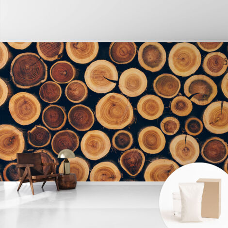 Newroom Tapete Dekorative Vliestapete mit Kleber Modern für Wohnzimmer Schlafzimmer  Holzkreise 416x254 cm