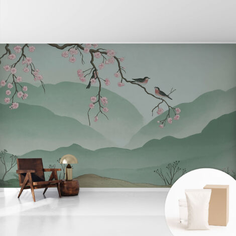 Newroom Tapete Dekorative Vliestapete mit Kleber Modern für Wohnzimmer Schlafzimmer  Japanische Serenade 416x254 cm