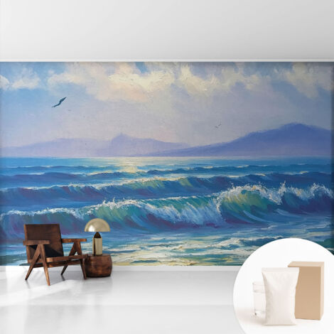 Newroom Tapete Dekorative Vliestapete mit Kleber Modern für Wohnzimmer Schlafzimmer  Meereswellen 416x254 cm