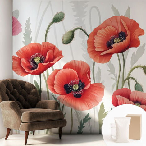 Newroom Tapete Dekorative Vliestapete mit Kleber Modern für Wohnzimmer Schlafzimmer  Rote Mohnblumen 250x250 cm