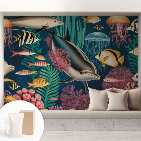Newroom Tapete Dekorative Vliestapete mit Kleber Modern für Wohnzimmer Schlafzimmer  Unterwasserfauna 208x146 cm