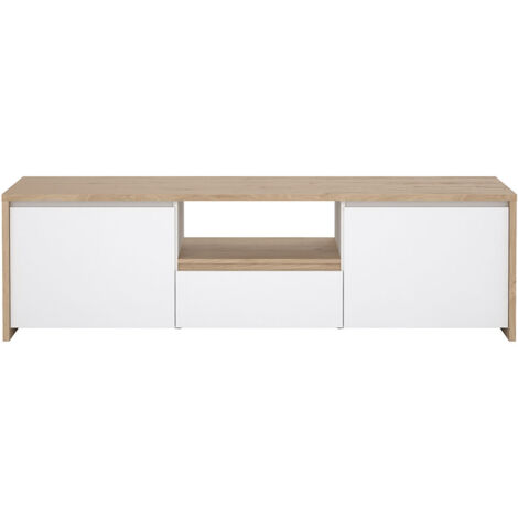 Next TV Tisch 2 Türen, 1 Schublade, 1 Ablage Eichen-Dekor, weiß hochglanz.