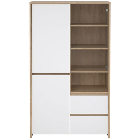 Next Vitrinenschrank 3 Türen, 2 Schubladen, 1 Ablage Eichen-Dekor, weiß hochglanz.