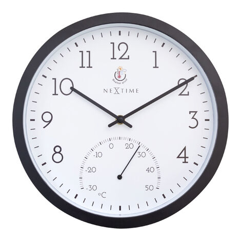 NeXtime Wanduhr Marigold Kunststoff schwarz Ø 30,5 cm Innen/Außen Thermometer