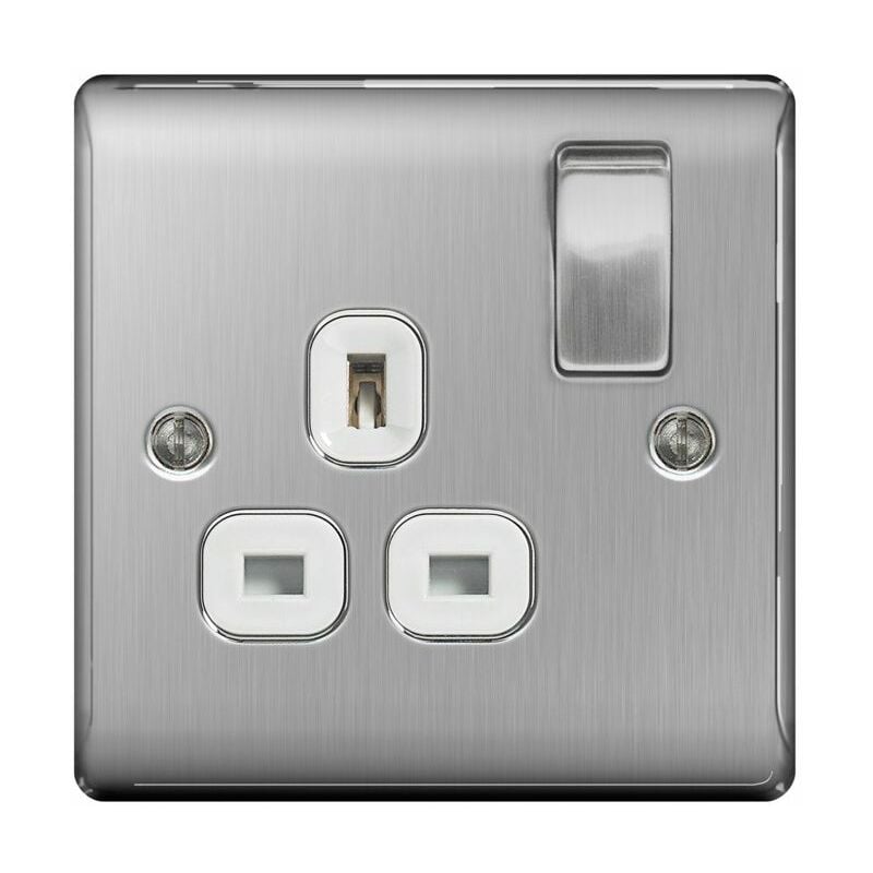 Brushed Steel Switched Socket 13a White Inset 1 Gang - NBS21W - Nexus
