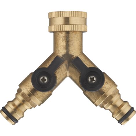 Nez de robinet double Y automatique pour tuyau d'arrosage – Femelle 3/4 (20x27) – Laiton résistant aux intempéries – Vanne 1/4 tour – Aroz
