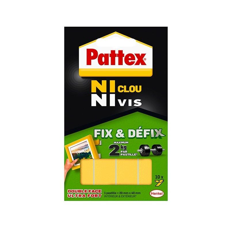 Pattex - Ni Clou Ni Vis Fix & Défix, Adhésif blanc surpuissant, Adhésif double face démontable, fixe les objets solidement et durablement, 10