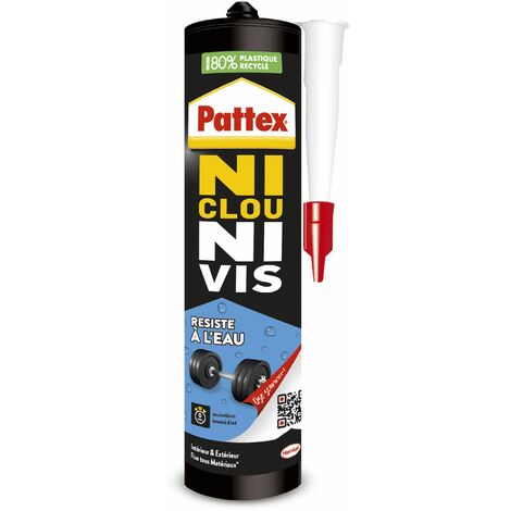 Pattex Ni Clou Ni Vis Résiste à l'eau, colle de fixation surpuissante, colle blanche, colle rapide pour bois, céramique, métal, béton et plus, cartouche 450 g