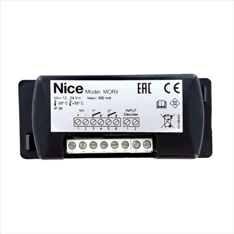 Nice – Module d'interface de décodeur pour contrôle d'accès – Capacité 510 codes – Alimentation 10-35 Vdc – Degré de protection IP30 – MORX