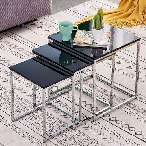 NICEME High Gloss Black Nested 3 of Tables Side End Table Coffee Table Chromed Frame Living Room