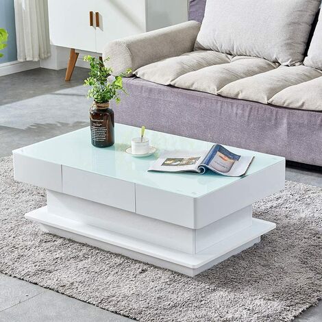 NICEME High Gloss White Coffee Table Tea Table Clear Glass Top with 2 Storage Drawers Space Saver Living Room Furniture