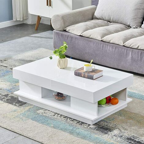 NICEME Modern High Gloss White Coffee Table with Hidden Storage Drawers Living Room Furniture Space Saver