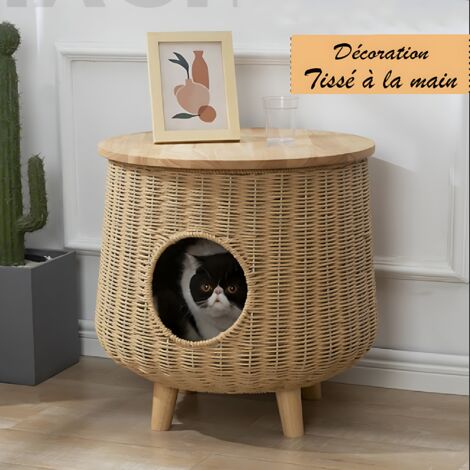 Niche à chat en bois tissé à la main – Dimensions 46x35,8 cm – Espace de repos et table d’appoint – Design artisanal élégant – Ideko