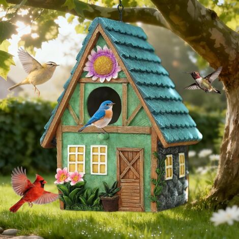 Niche à oiseaux suspendue en résine, Mangeoire pour oiseaux – Adaptée aux colibris, mésanges bleues, pinsons, cardinaux – Idéale pour nidification – Décoration de jardin, terrasse, cour