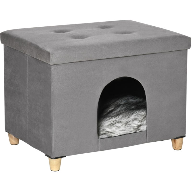 Niche chat maison de chat sur pied repose-pied 2 en 1 - coussin inclus - pliable - MDF peluche suédé gris