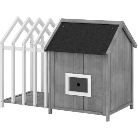 Niche chien extérieur bois avec terrasse, porte à lamelles, gris, 106x62,5x80,5 cm