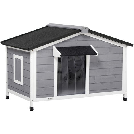 Niche chien style cottage - 2 fenêtres, porte, toit ouvrant bitumé - bois sapin gris - Gris